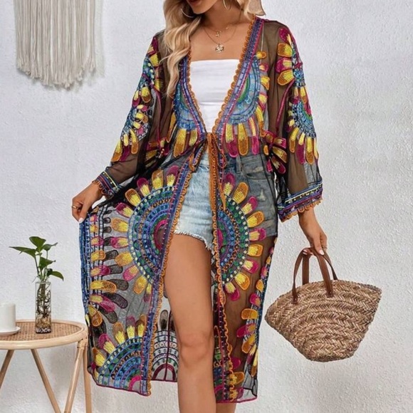 Black embroidered Swim sheer long kimono Coverup - Picture 3 of 4